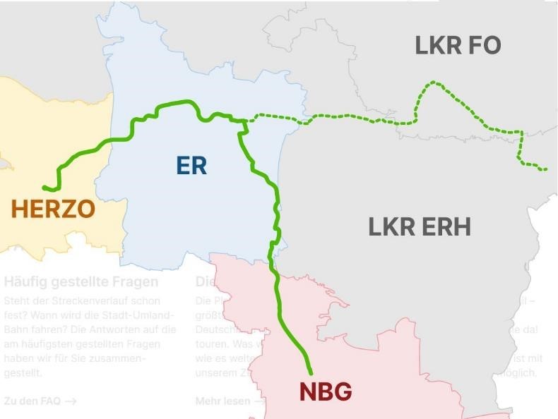 Strecken der beteiligten Gebietskörperschaften In Nürnberg geht die StUB ohne Umsteigen in das Straßenbahnnetz über. Quelle: Zweckverband Stadt-Umland-Bahn 